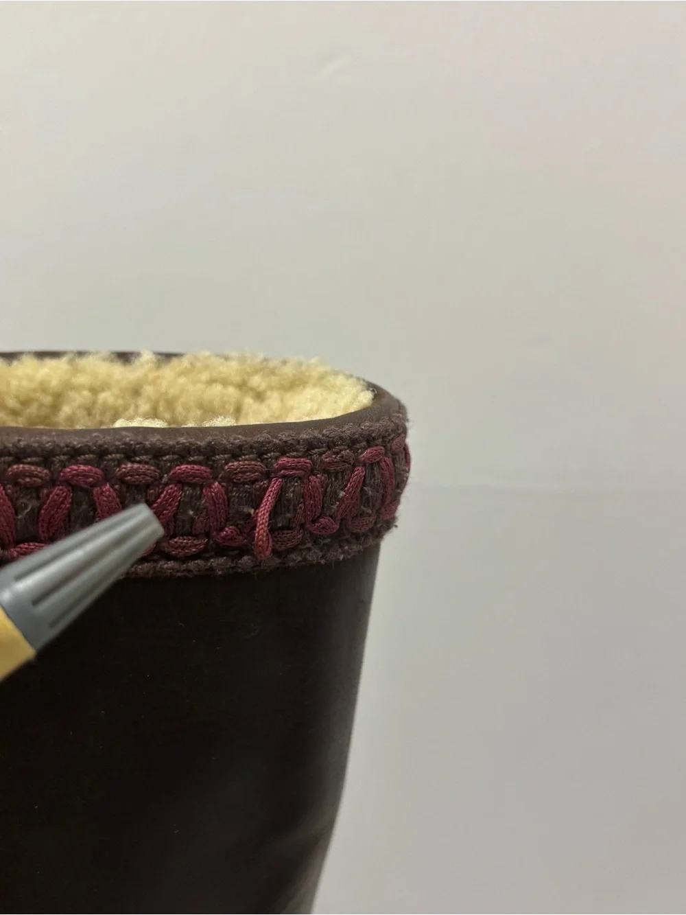 Brown Leather Shearling-Lined Knee Boots with Pink Trim